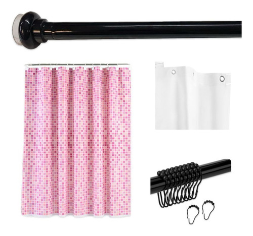 Combo De Baño Con Cortina De Ducha Protector Barral Ganchos Venecita Rosa