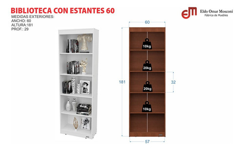 Imagen 3 de 6 de Biblioteca Blanca 5 Estantes Melamina Mosconi
