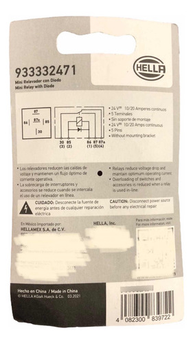 Mini Relevador Relay Con Diodo Hella 24v 10/20a 5 Terminales