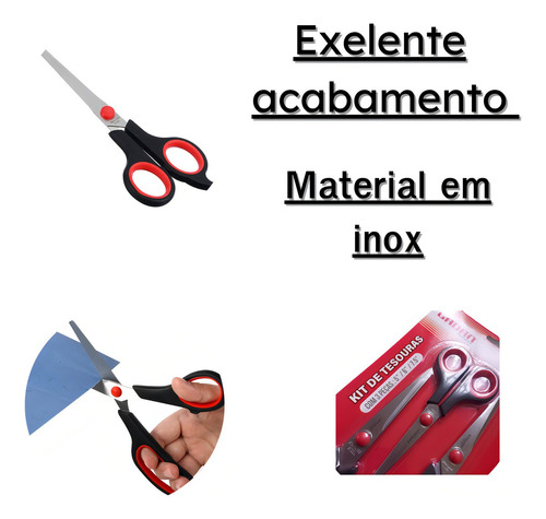 Kit Tesouras Com 3 Peças 5 6 7,5 Polegada Costura Escolar