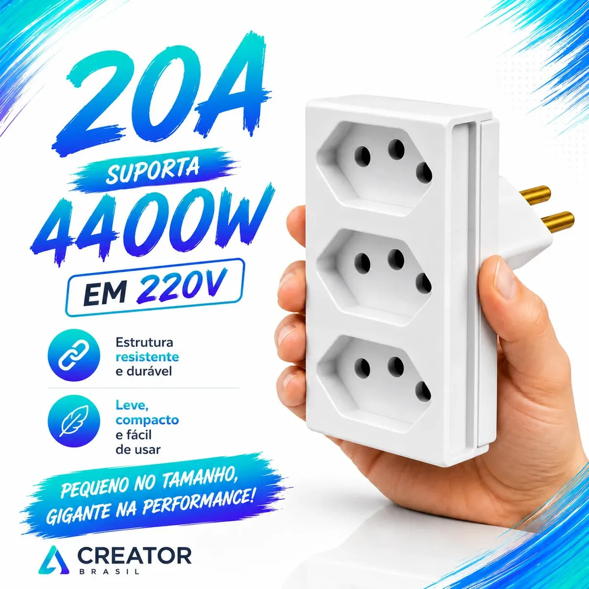 Adaptador de Tomada Benjamin 20A 3 Saídas Tripolar 2P+T Bivolt 2400W 4400W para Air Fryer Micro-ondas Forno Elétrico Geladeira Freezer Branco Creator Brasil