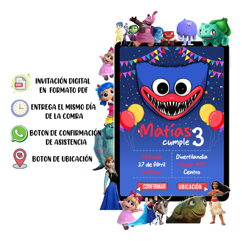 Invitación Digital Infantil Pdf Botón Confirmación Ubicación Huggy Wuggy