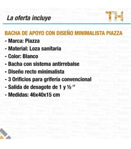 Bacha Desague Apoyo Rectangular 46x40cm 3 Agujeros Minimalis