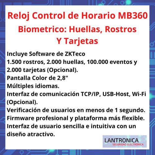 Imagen 2 de 9 de Control Asistencia Acceso Facial Huella Rfid Mb 360id