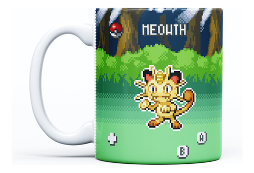 Pocillo Meowth Pokémon Pixelart 11oz Blanco Taza Mug