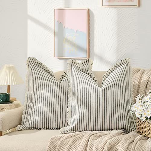 Funda Almohada 20x20 2 Unidades Rayas Con Flecos Algodón