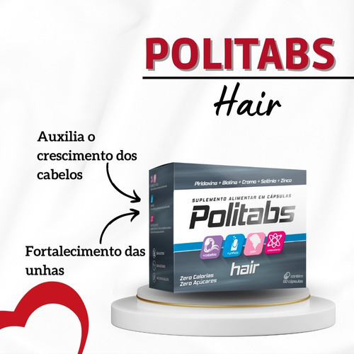 Politabs Hair - Suplemento Vitaminico  - 60 Cáps Sabor Sem Sabor