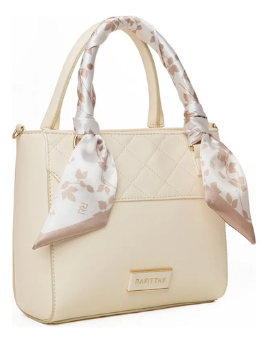 Bolsa Tote Rafitthy Transversal Couro Sintético Off White Off White Liso Ouro Off White