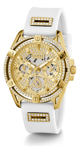 Reloj Pulsera Guess Gw0536l2 Con Correa De Silicona Color Blanco - Fondo Dorado