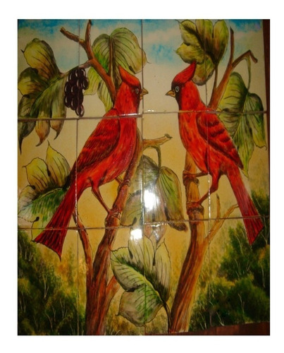 Mural Talavera Azulejo De Aves Pájaros Cardenales 40x50