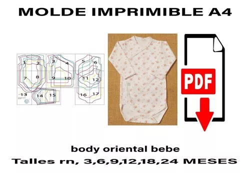 Patrón digital BODY CLÁSICO para bebé en talles 0, 3, 6, 9 y 12 meses.