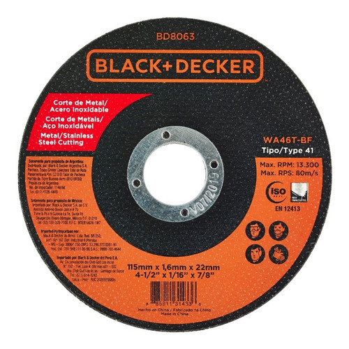 Disco De Corte Black Y Decker 4 1/2 115 X 1.6 Por 25unid