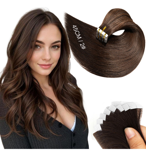 40 Pzs Extensiones De Cabello Con Base Pu Humano Real 45cm Pu-2x-castaño Muy Oscuro