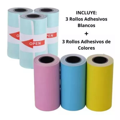 6 Rollos Papel Adhesivo Impresora Térmica Blanco + Color 57m