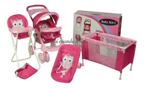 Coche Bebe Muñecas Silla De Comer Portabebe Maleta Corral Color Rosa Color del chasis Rosado