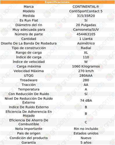 Llanta Conti 315/35r20 Contisportcontact 5 110w Run Flat