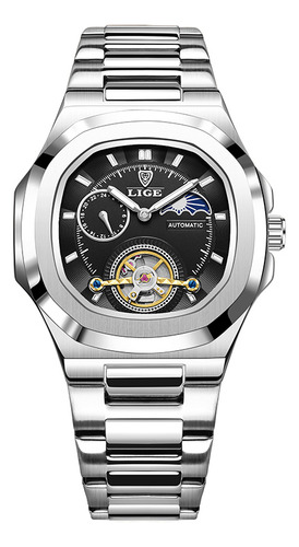 Reloj Hombre 24 Horas Impermeable Tourbillon Reloj Mecánico Correa Plateado Bisel Plateado Fondo Negro