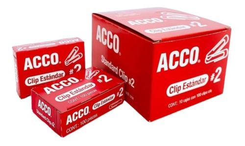 Clipe padrão nº 2 Acco 27,5 mm, 10 caixas com 100 clipes, cada cor prateada