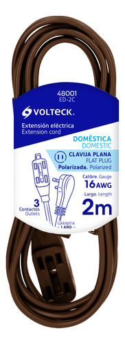 Extensión Eléctrica Doméstica 2 M Café Volteck 48001 6 Pzs