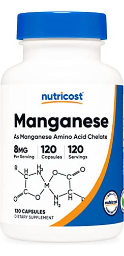 Manganeso Suplemento Quelatado de Manganeso Nutricost 8 mg 120 Cápsulas