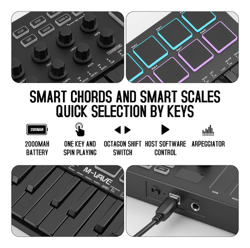 Controlador De Teclado Midi Usb M-wave De 25 Teclas Con 8...
