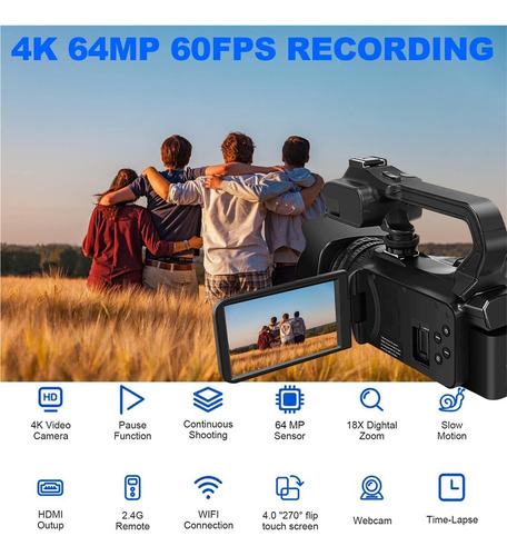 Videocámara 4k Uhd 48mp Wifi Ir Con Luz De Relleno Y Soporte