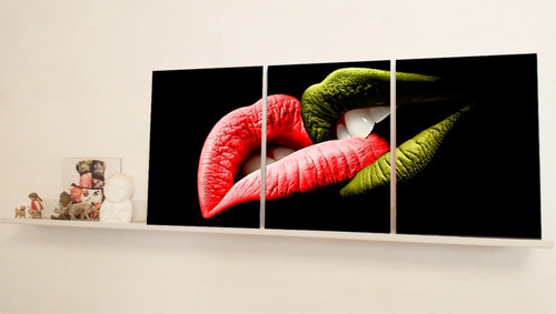 Cuadro Tríptico Labios Beso Color Lienzo 120x90cm