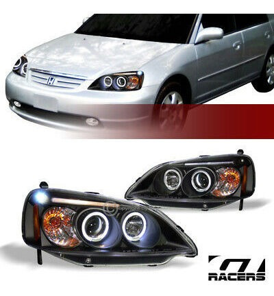 For 2001-2003 Honda Civic Blk Housing Led Halo Projector Gt2