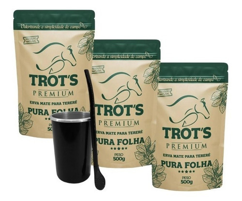 Kit Tereré Copo Térmico Bomba Preta 3 Ervas Trots 500g Cada