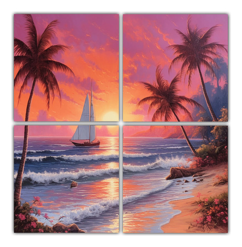 120x120cm Cuadro Decorativo De Playa Al Atardecer Con Olas S