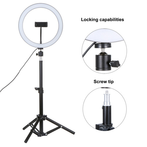 Galapara DC5V 7W LED Lámpara de cámara Selfie Redonda y Liviana con trípode telescópico Operado por USB 10 Niveles Brillo Ajustable Regulable/Ángulo de iluminación Giratorio de 360 ° 