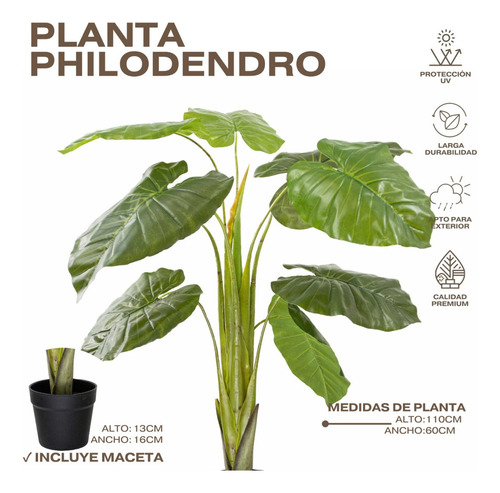 Arbol Artificial Planta Philodendro Decorativo Maceta 110cm