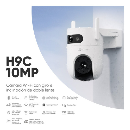 Ezviz Cámara Pt Doble Lente 10 Mp H9c10-32 + Microsd 32gb H9c Con Detección Humana Y Vehiculo Vision Nocturna A Color Sirena Y Luz Estroboscópica Audio Bidireccional