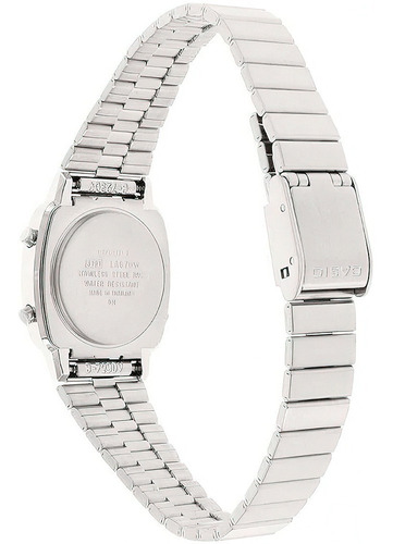 Imagen 9 de 9 de Reloj de pulsera Casio Youth LA670 de cuerpo color plateado, digital, para mujer, fondo bordó, con correa de acero inoxidable color plateado, dial negro, minutero/segundero negro, bisel color plateado y hebilla de gancho