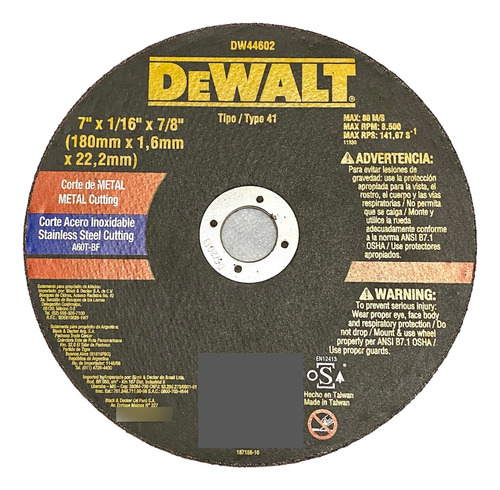 Disco De Corte Metal Dewalt Dw44602 180mmx1,6mmx22,2mm
