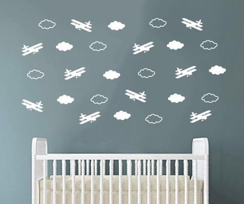 Vinil Infantil Set Aviones Y Nubes