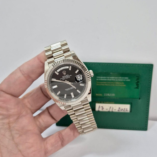 Rolex Day-date 40mm Presidente Ouro Branco & Diamantes Prateado Prateado Preto (Usado)