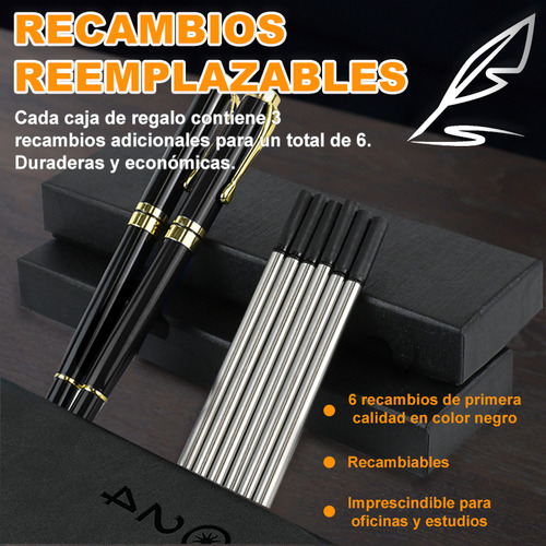 2pz Pluma De Acero Alta Calidad Con Recambio Y Caja Regalo