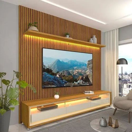 Rack  Com Painel Para Tv Até 75 Polegadas Com Led Com Jh Naturale/off White