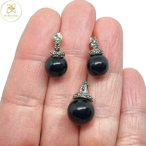 Imagen 2 de 4 de Conjunto De Aros Y Dije Plata Lady Di Con Perla Negra