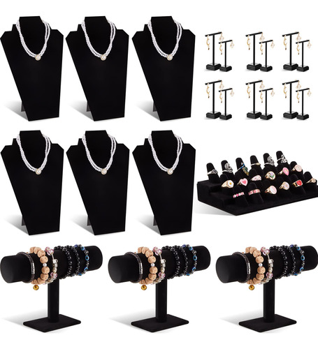 Set Joyería Terciopelo Negro 16 Pzs Collares Pulseras Anillo