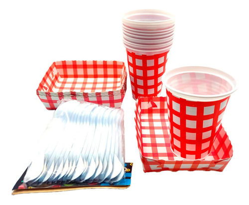 Kit Vasos Platos Y Cubiertos  Rojo Cuadros Picnic X12 Units