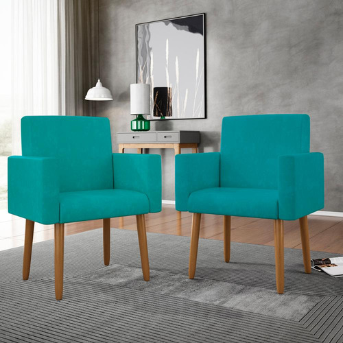 Kit 2 Cadeiras Recepção Poltrona Decorativa Escritório Cor Azul-turquesa