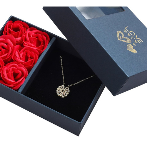 Imagen 2 de 10 de Collar Trébol 4 Corazones Doble Vista Dije Dorado Caja Rosas