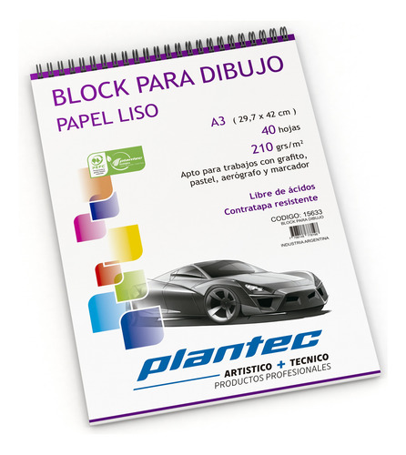Block Plantec Dibujo A3 Liso 40 Hojas 210g Multitecnica Blanco Lisa