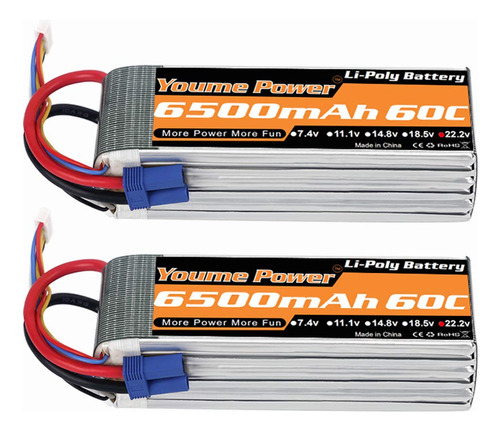 Youme 6s Lipo Batería Ec5, 2 Paquetes 22.2 V Rc Lipo Bater.