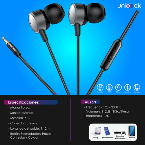 Audífonos In-ear 3.5mm Micrófono Manos Libres Unlock