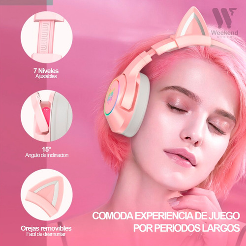 Imagen 5 de 9 de Audífono Gamer Onikuma K9 Rosado Pink Orejas De Gato
