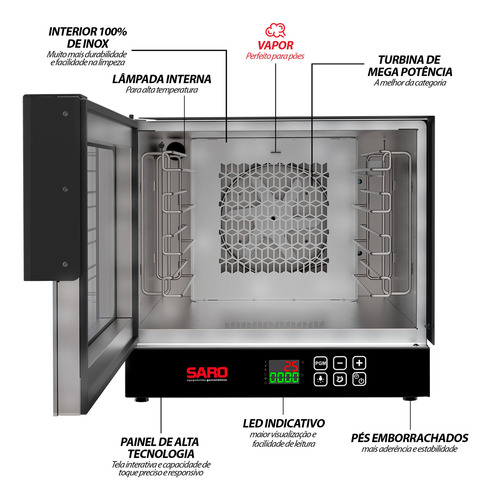 Forno De Bancada Digital Turbo Elétrico Com 4 Esteiras Preto