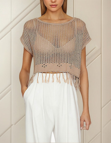Blusa Tipo TĂșnica Holgada Con Cuello Redondo Y Flecos Para